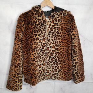 CI SONO Leopard Faux Fur Collection Zipper Up Hooded Jacket S